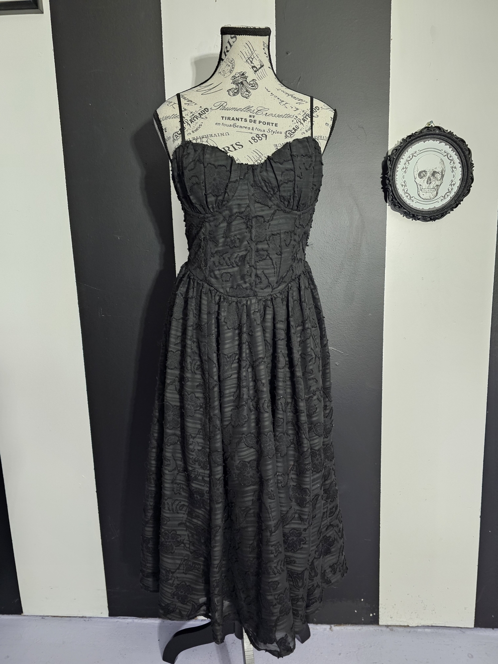 Corset Back Textured Midi Dress with Spaghetti Straps